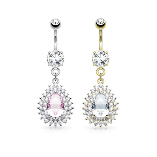 Pavé-Set Pear Crystal Double Halo Belly Dangle 14g