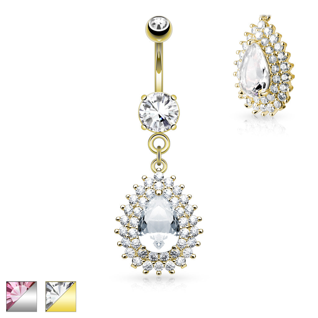 Pavé-Set Pear Crystal Double Halo Belly Dangle 14g