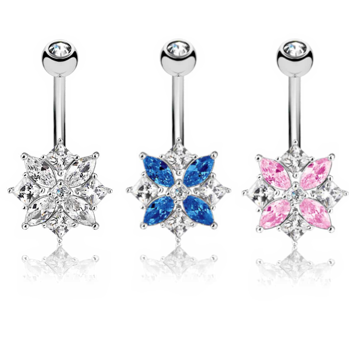 Claw-Set Marquise & Princess-Cut Crystal Flower Belly Ring 14g