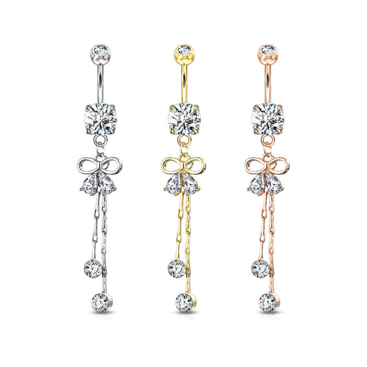 Claw-Set Crystal Bow Chain Navel Dangle 14g