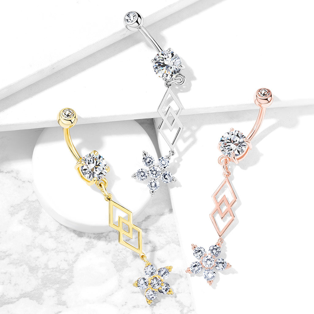Claw-Set Crystal Flower + Geometric Link Belly Dangle 14g