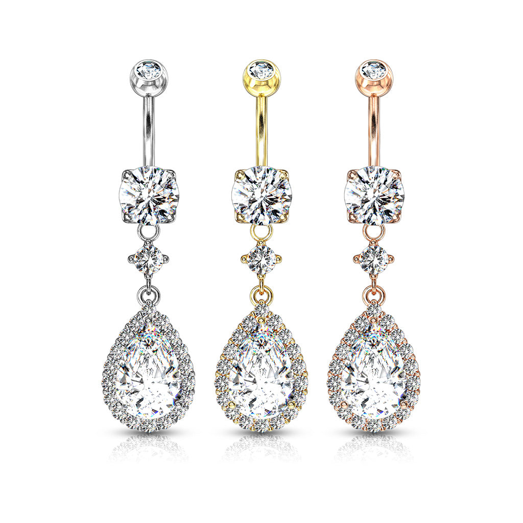Pavé-Set Halo Teardrop Crystal Belly Dangle 14g
