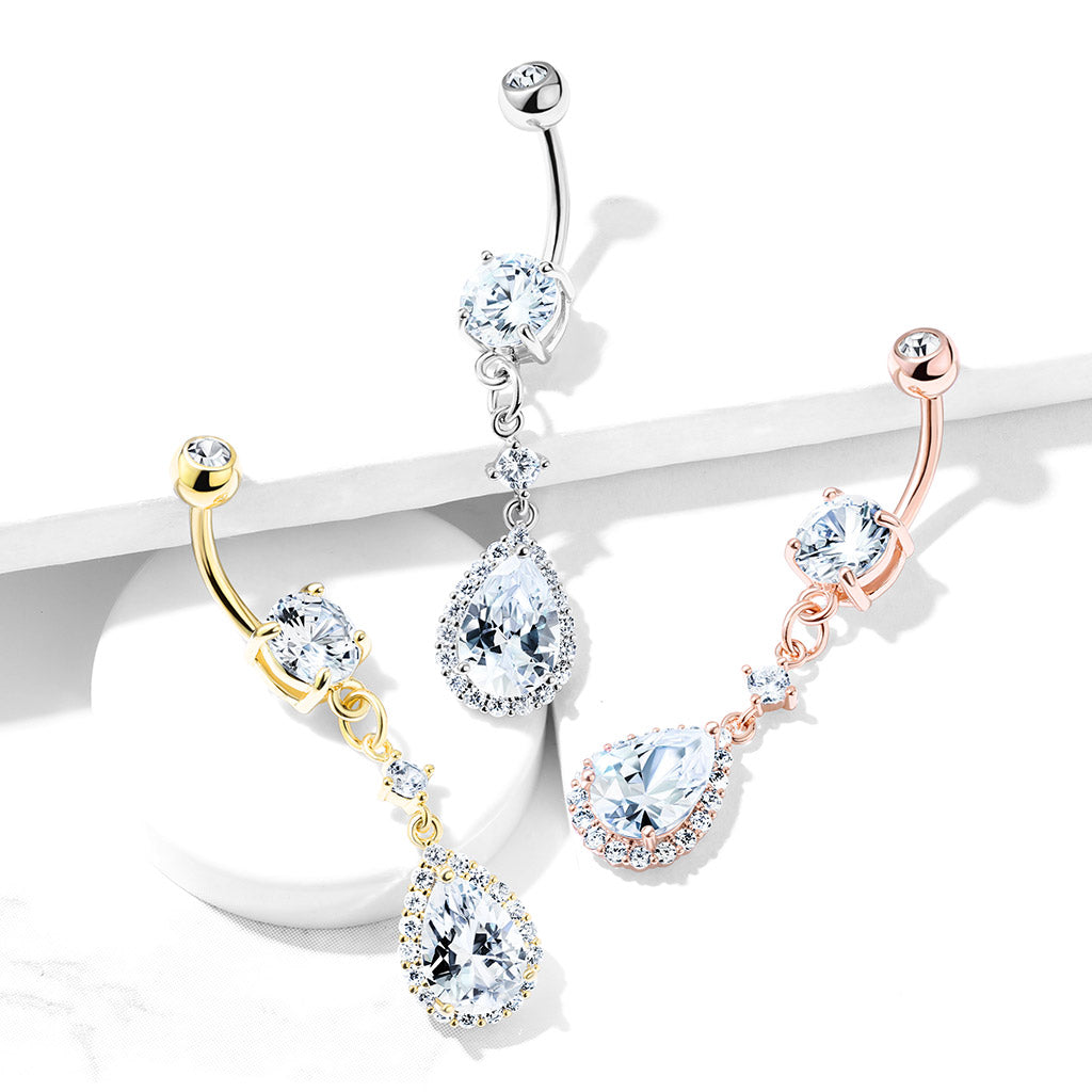 Pavé-Set Halo Teardrop Crystal Belly Dangle 14g