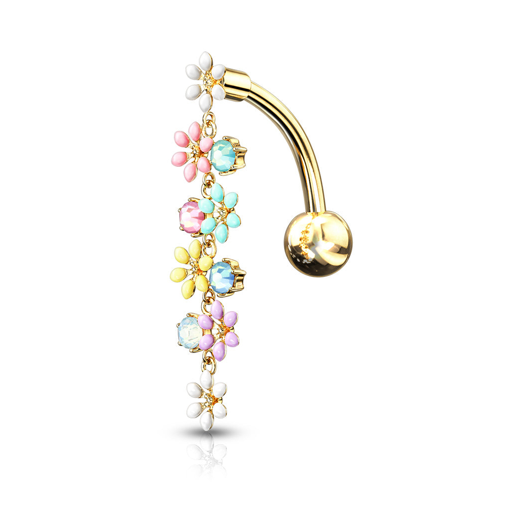 Pastel Enamel Daisy & Crystal Cascade Inverted Belly Dangle 14g