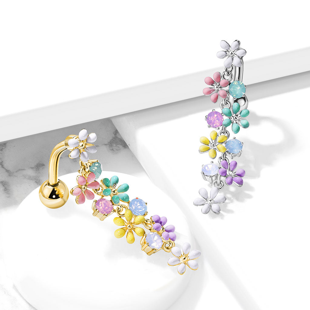 Pastel Enamel Daisy & Crystal Cascade Inverted Belly Dangle 14g