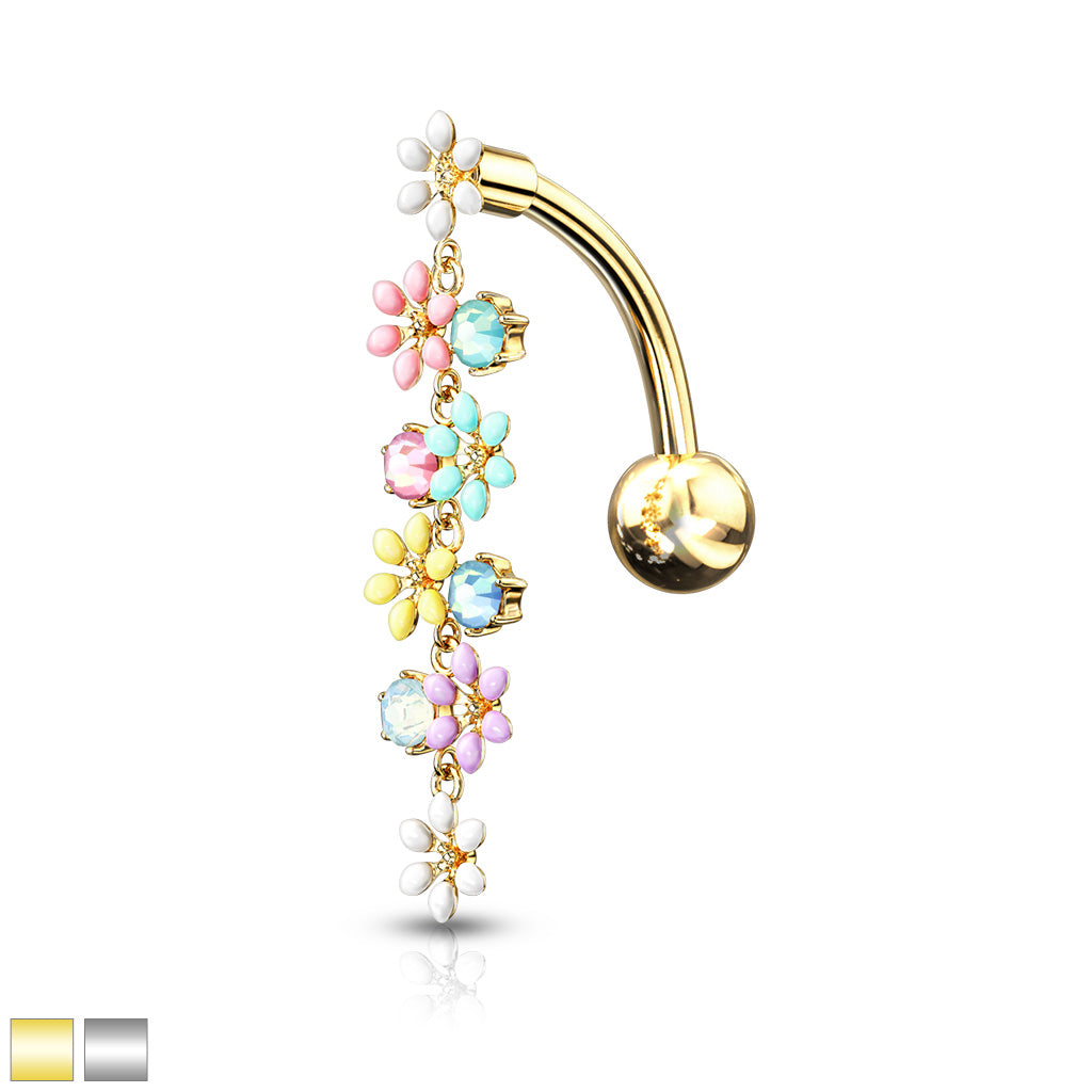 Pastel Enamel Daisy & Crystal Cascade Inverted Belly Dangle 14g