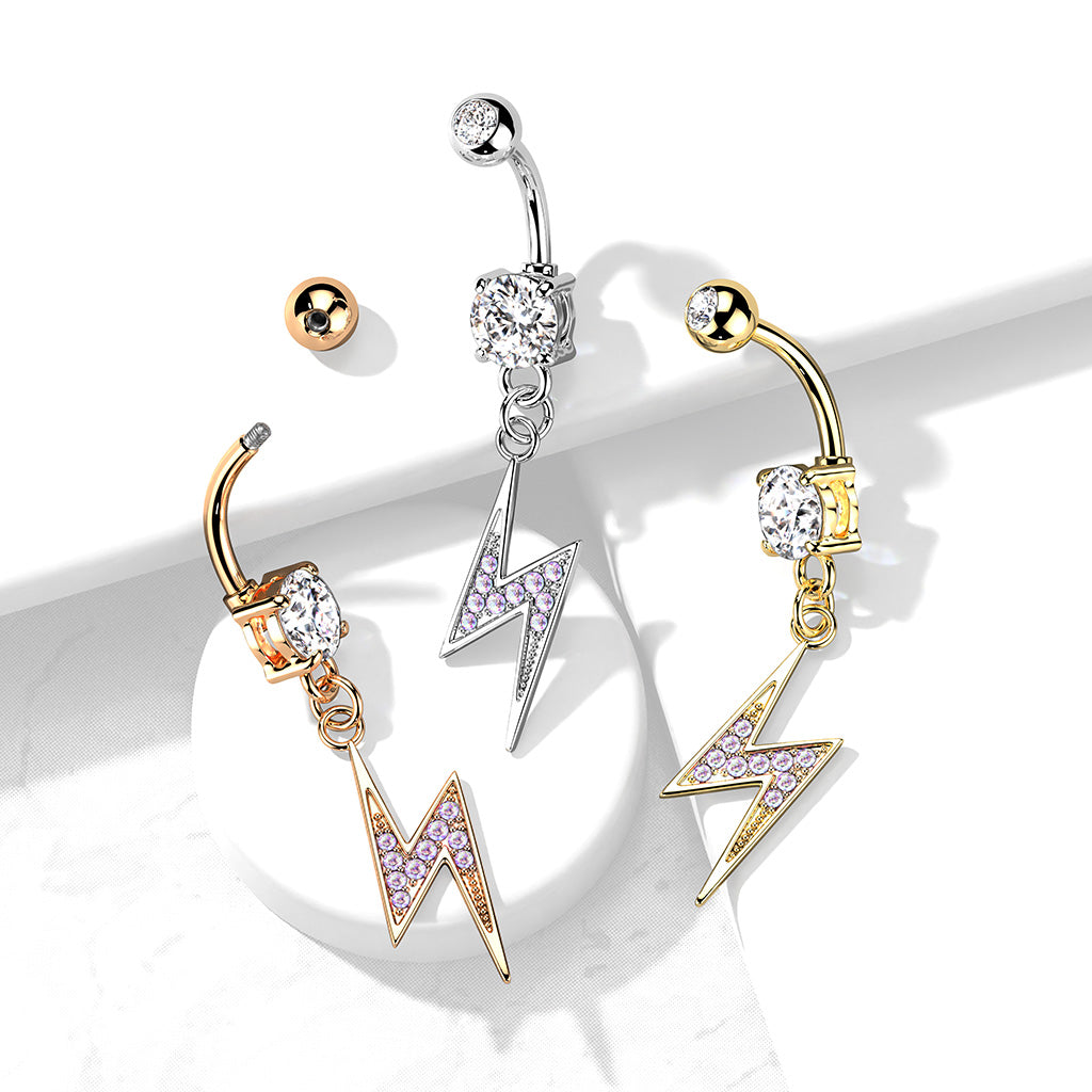 Pavé-Set Crystal Lightning Bolt Belly Dangle 14g