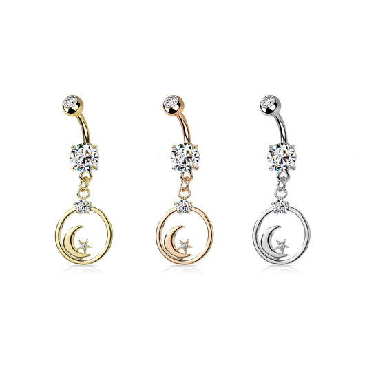 Round Moon and Stars Hoop Navel Dangle 14g