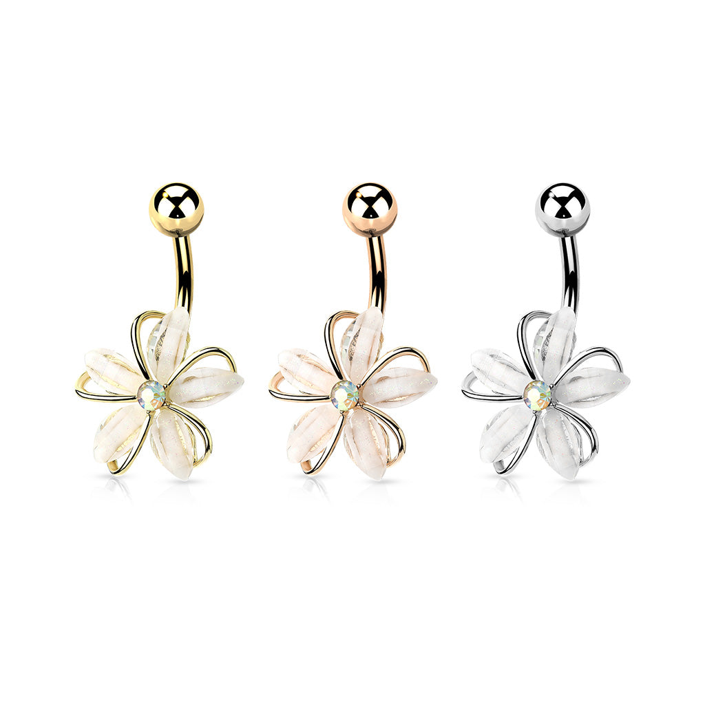 Frosted Crystal Flower Belly Ring 14g