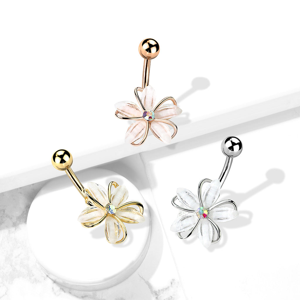 Frosted Crystal Flower Belly Ring 14g