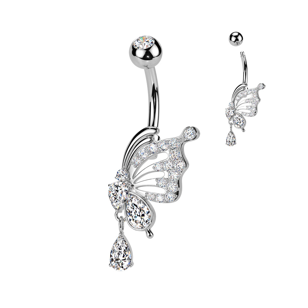 Side-Set Butterfly + Teardrop Crystal Dangle Belly Ring 14g