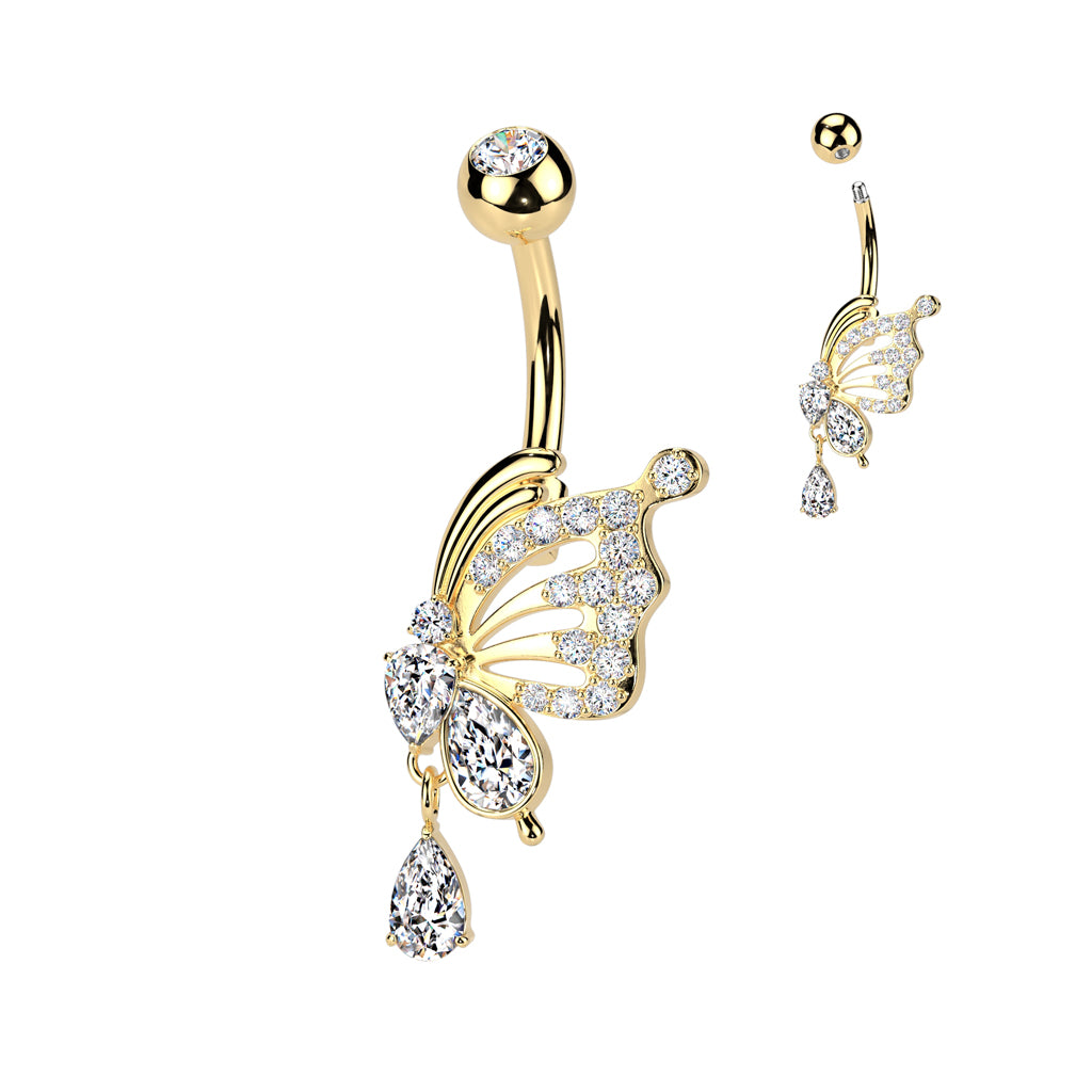 Side-Set Butterfly + Teardrop Crystal Dangle Belly Ring 14g