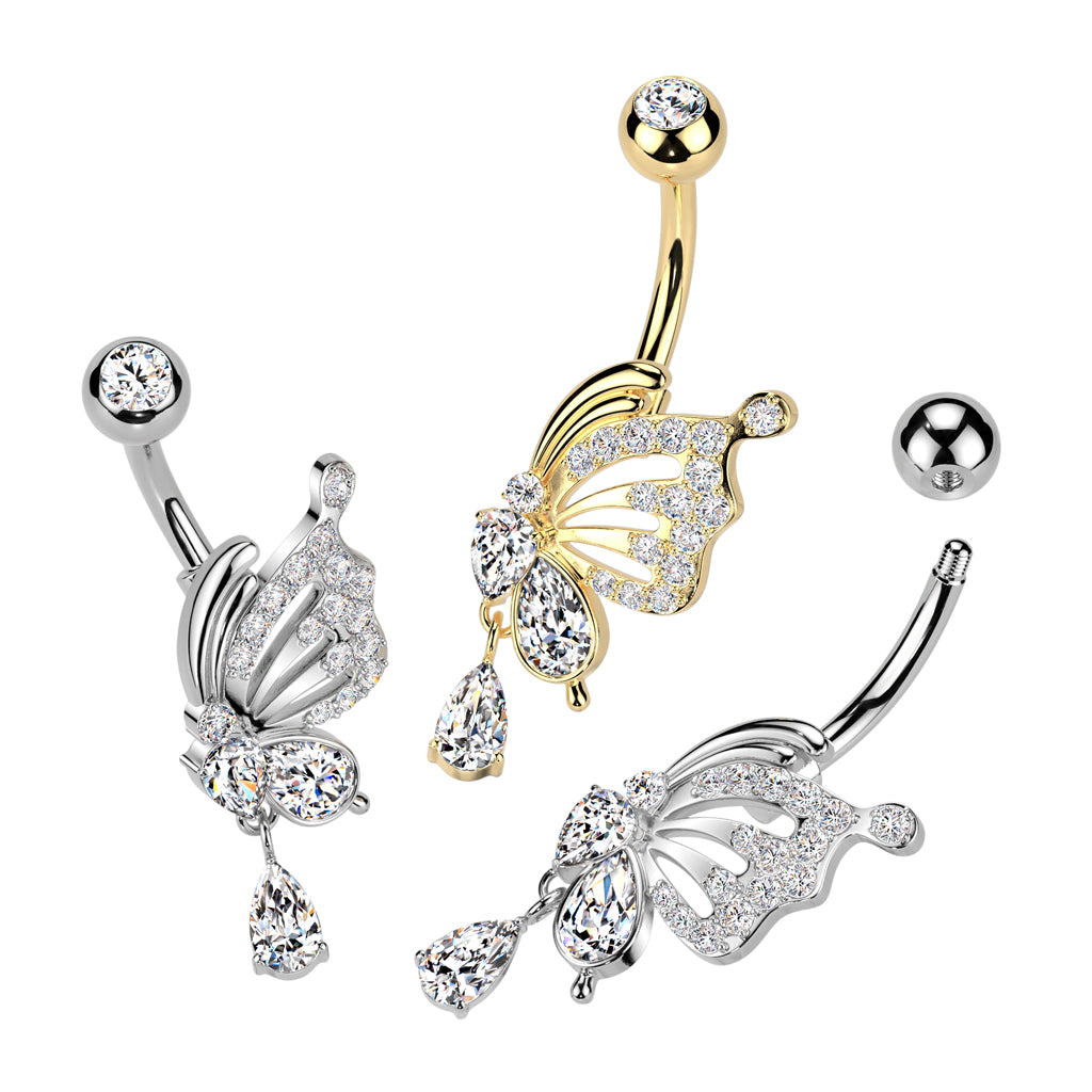 Side-Set Butterfly + Teardrop Crystal Dangle Belly Ring 14g