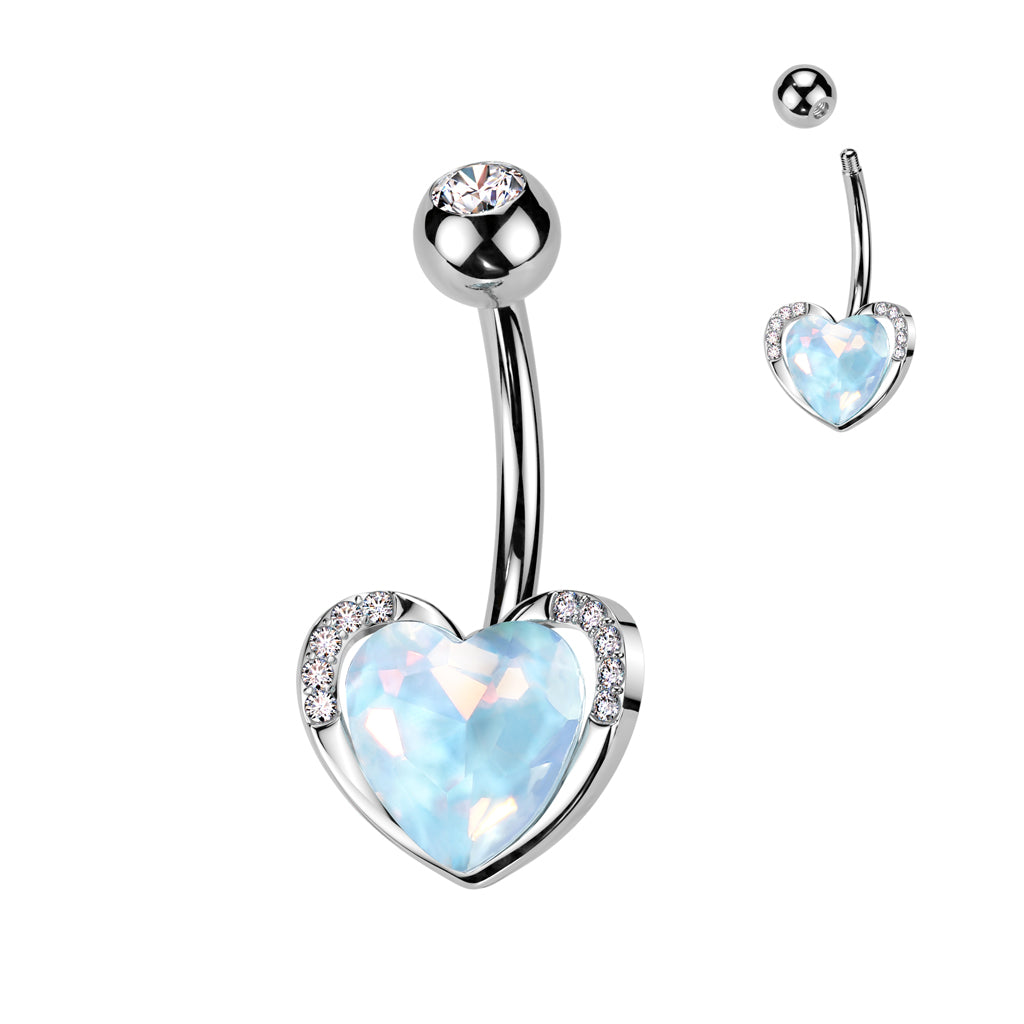 PREMIUM Bezel-Set Aqua Crystal Heart Navel Barbell 14g