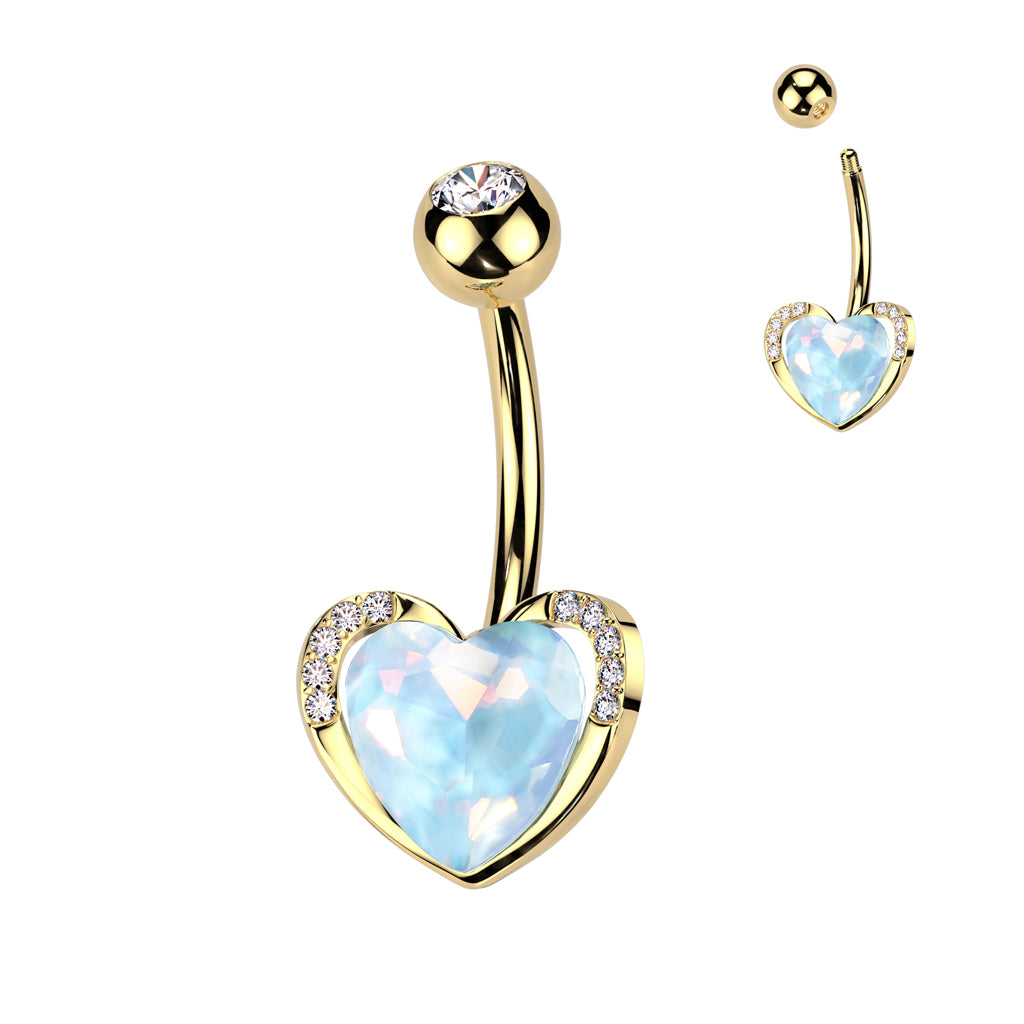 PREMIUM Bezel-Set Aqua Crystal Heart Navel Barbell 14g
