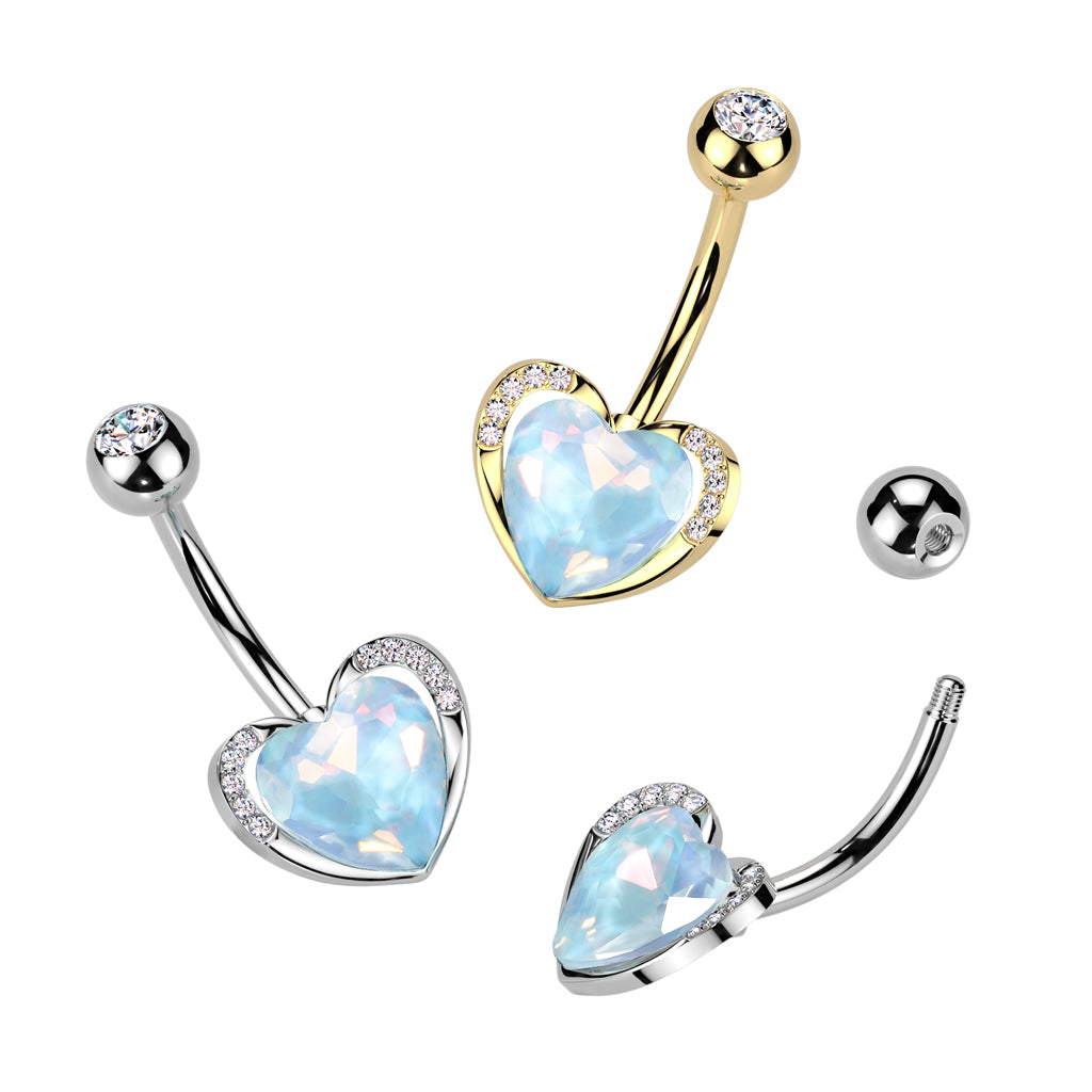 PREMIUM Bezel-Set Aqua Crystal Heart Navel Barbell 14g