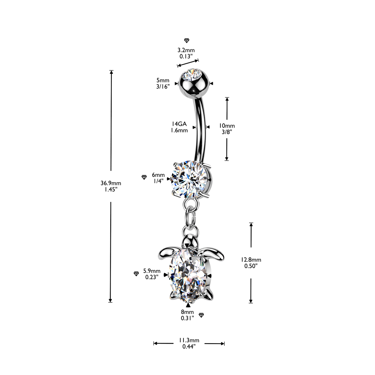 Sea Turtle Crystal Belly Dangle 14g