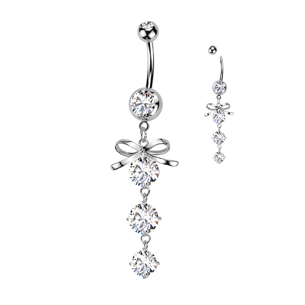 Premium Surgical Steel Ribbon Bow + Crystal Cascade Belly Dangle 14g