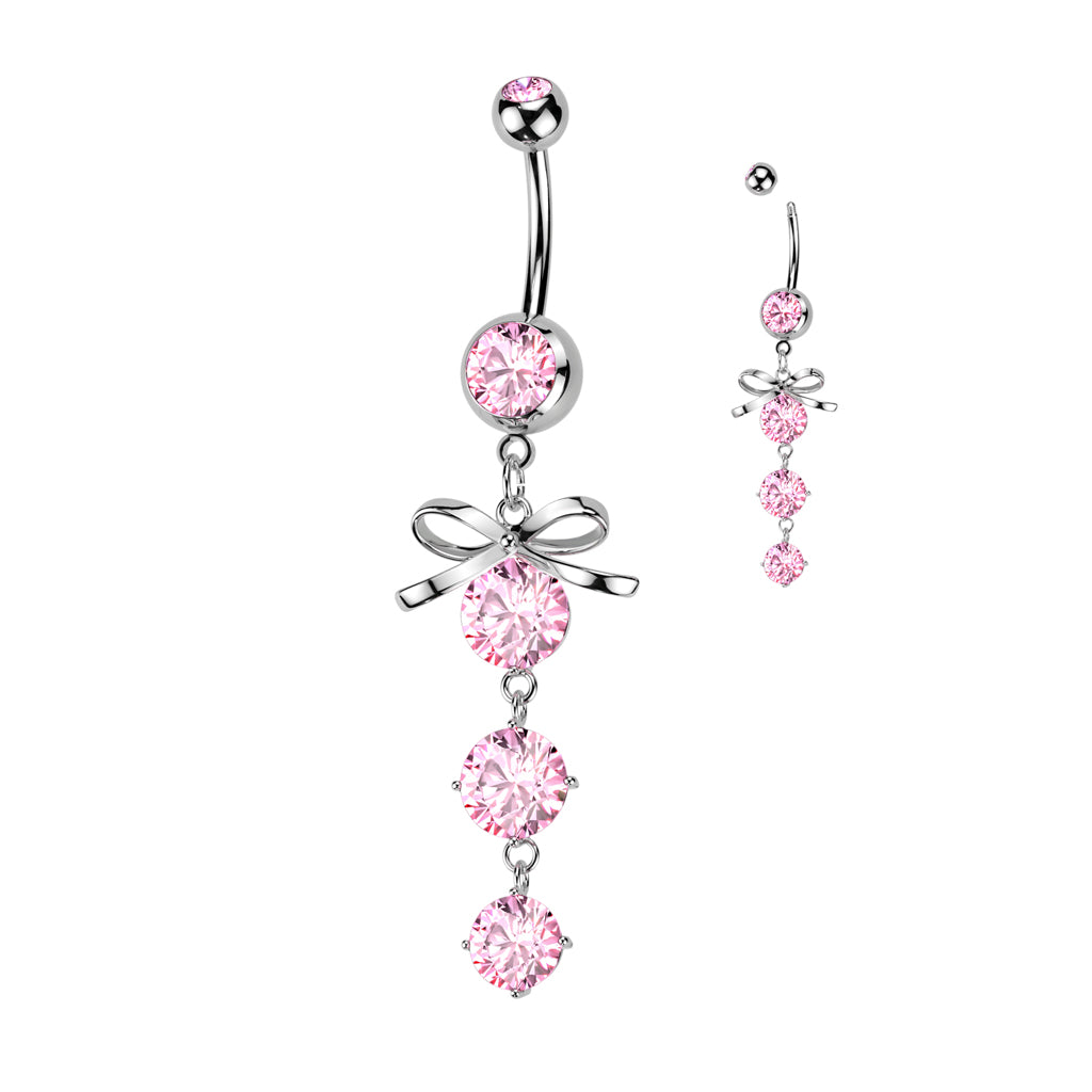 Premium Surgical Steel Ribbon Bow + Crystal Cascade Belly Dangle 14g