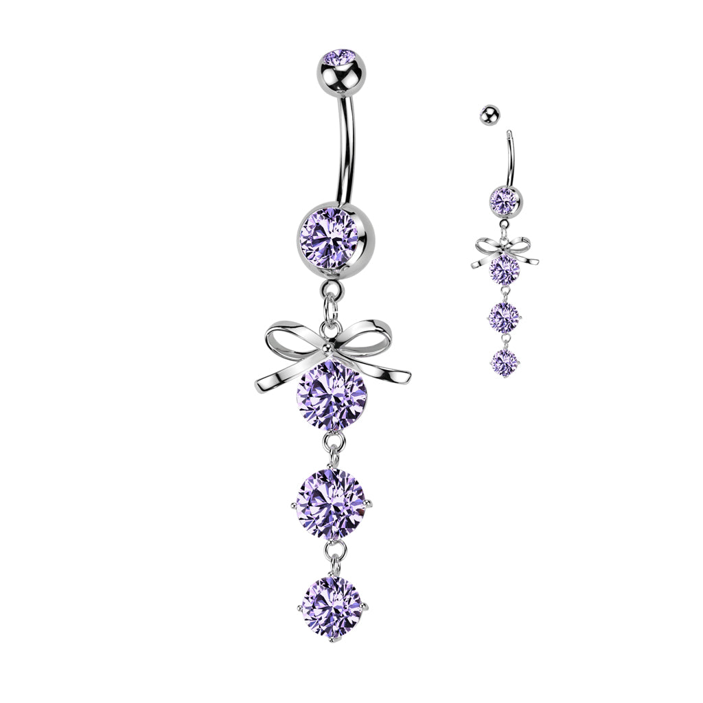 Premium Surgical Steel Ribbon Bow + Crystal Cascade Belly Dangle 14g