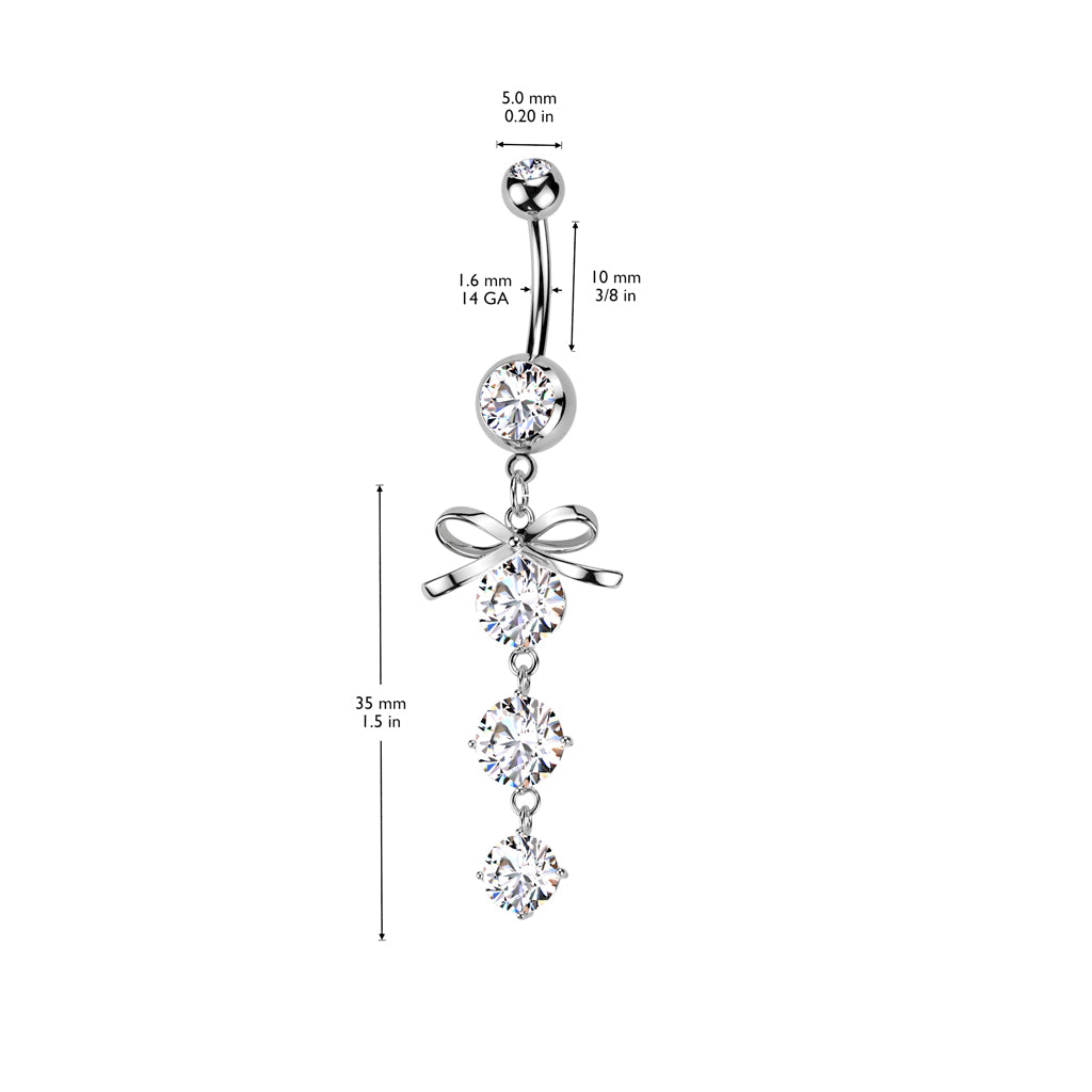 Premium Surgical Steel Ribbon Bow + Crystal Cascade Belly Dangle 14g