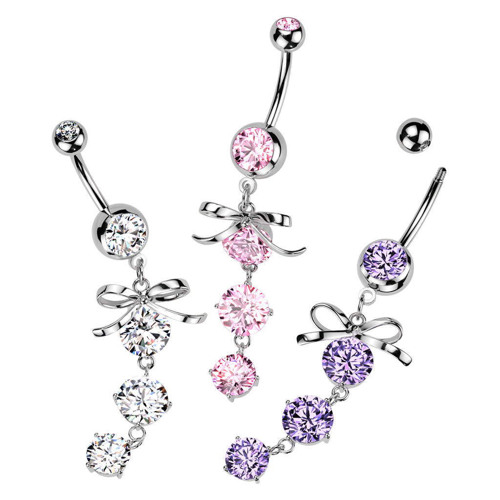 Premium Surgical Steel Ribbon Bow + Crystal Cascade Belly Dangle 14g