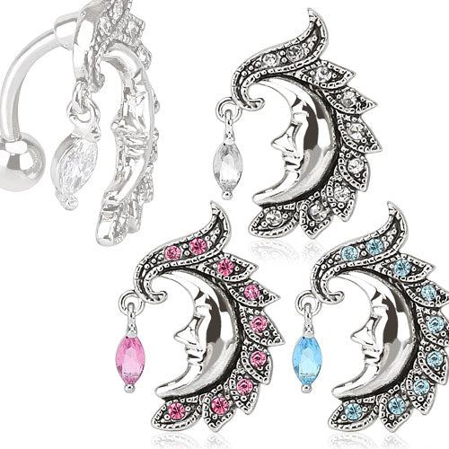 PREMIUM Crystal Moon Face Inverted Navel Dangle 14g
