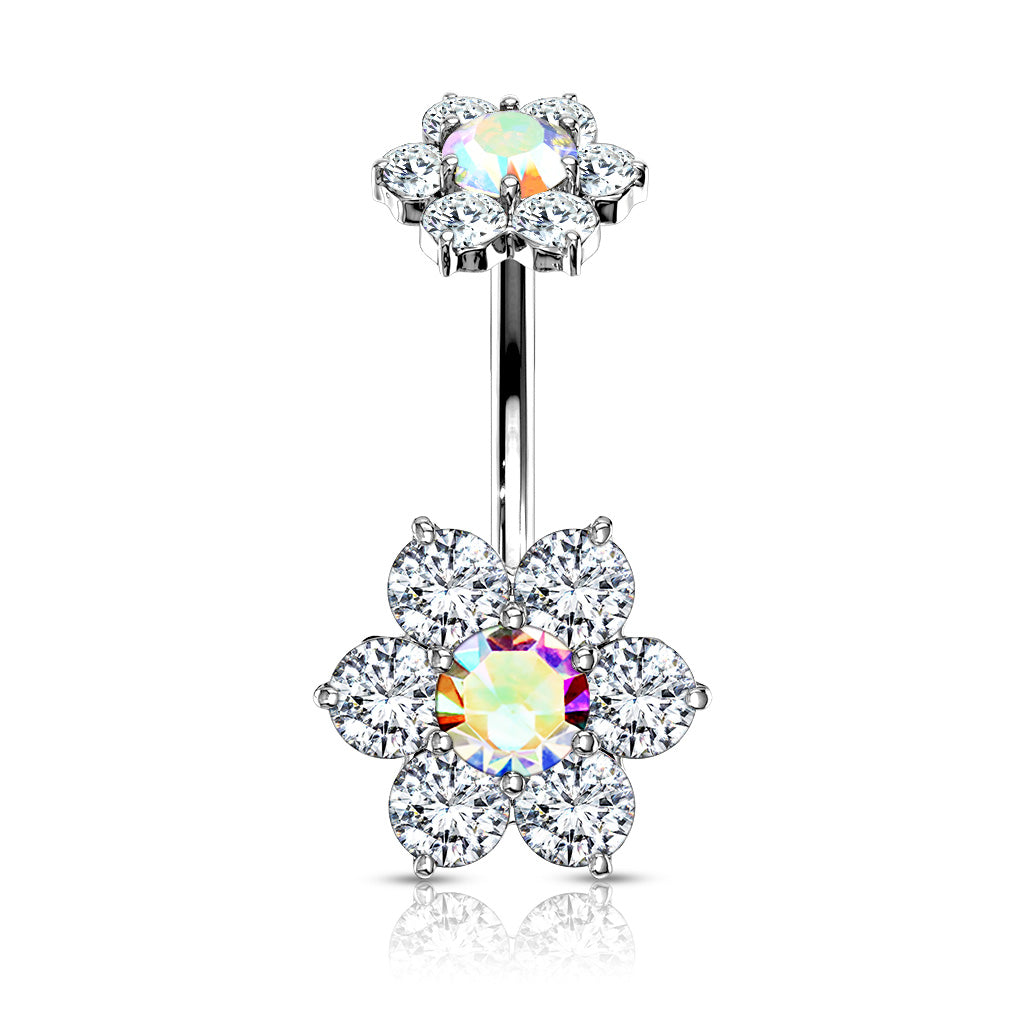 Double Crystal Flower Belly Ring 14g