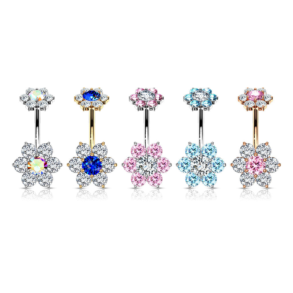 Double Crystal Flower Belly Ring 14g