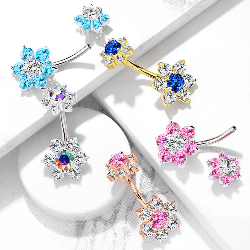 Double Crystal Flower Belly Ring 14g