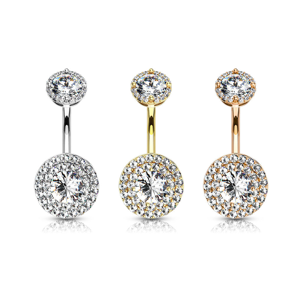 Double Halo Round Crystal Belly Ring 14g