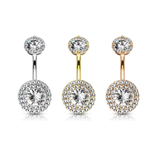 Double Halo Round Crystal Belly Ring 14g