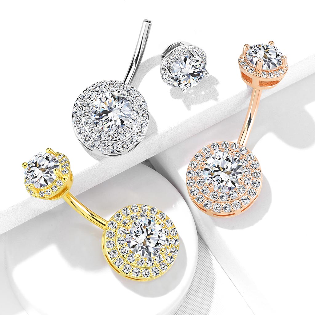 Double Halo Round Crystal Belly Ring 14g