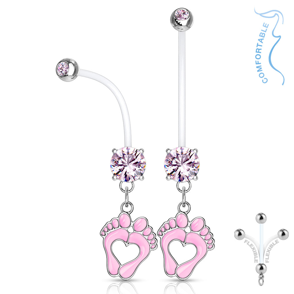 Baby Feet Heart Dangle Pregnancy Barbell 14g