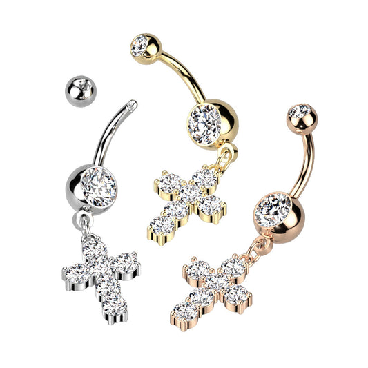 Crystal Chain Cross Navel Dangle 14g