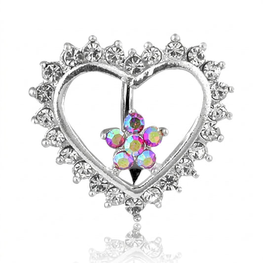 Crystal Flower + Heart Shield Inverted Belly Ring 14g
