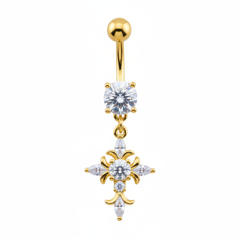 Crystal Gothic Cross Navel Dangle Barbell 14g