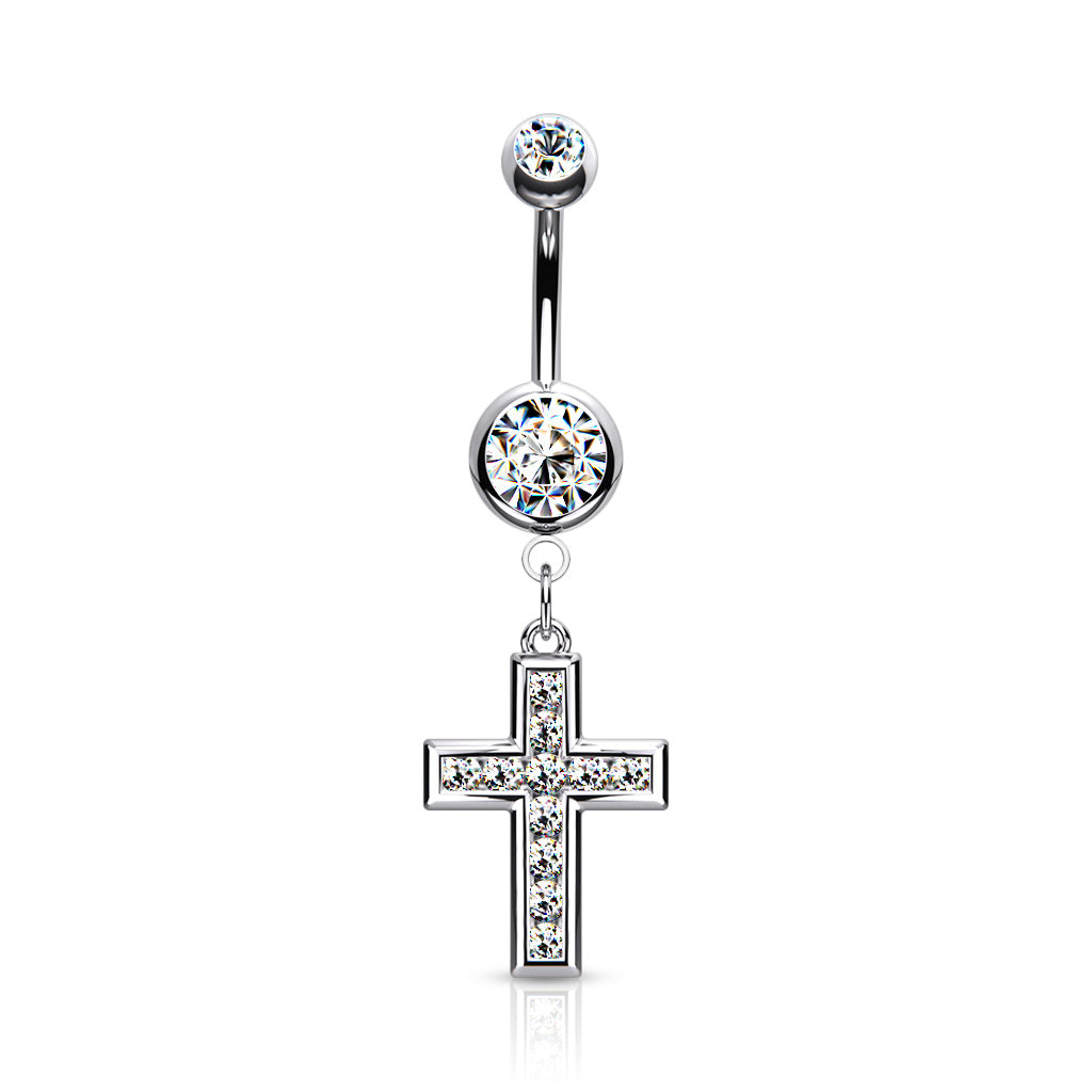 PREMIUM Channel-Set Crystal Cross Navel Dangle 14g