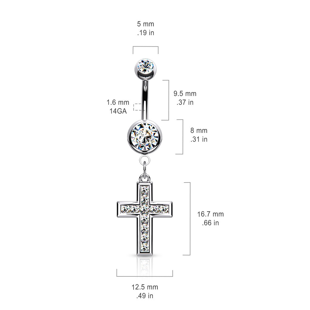 PREMIUM Channel-Set Crystal Cross Navel Dangle 14g