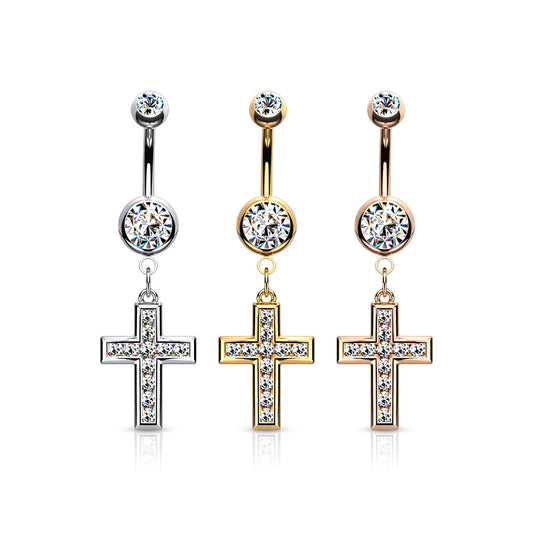 Channel-Set Crystal Cross Navel Dangle 14g
