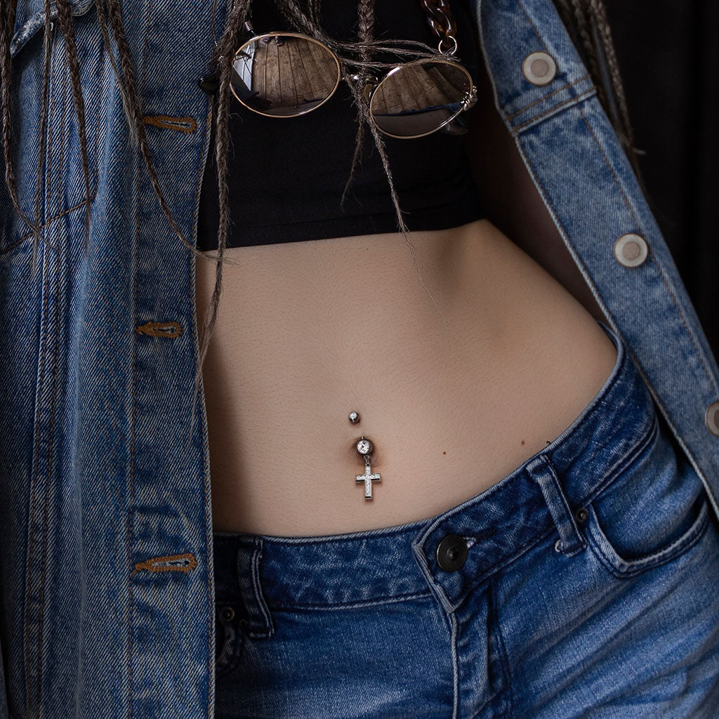 PREMIUM Channel-Set Crystal Cross Navel Dangle 14g
