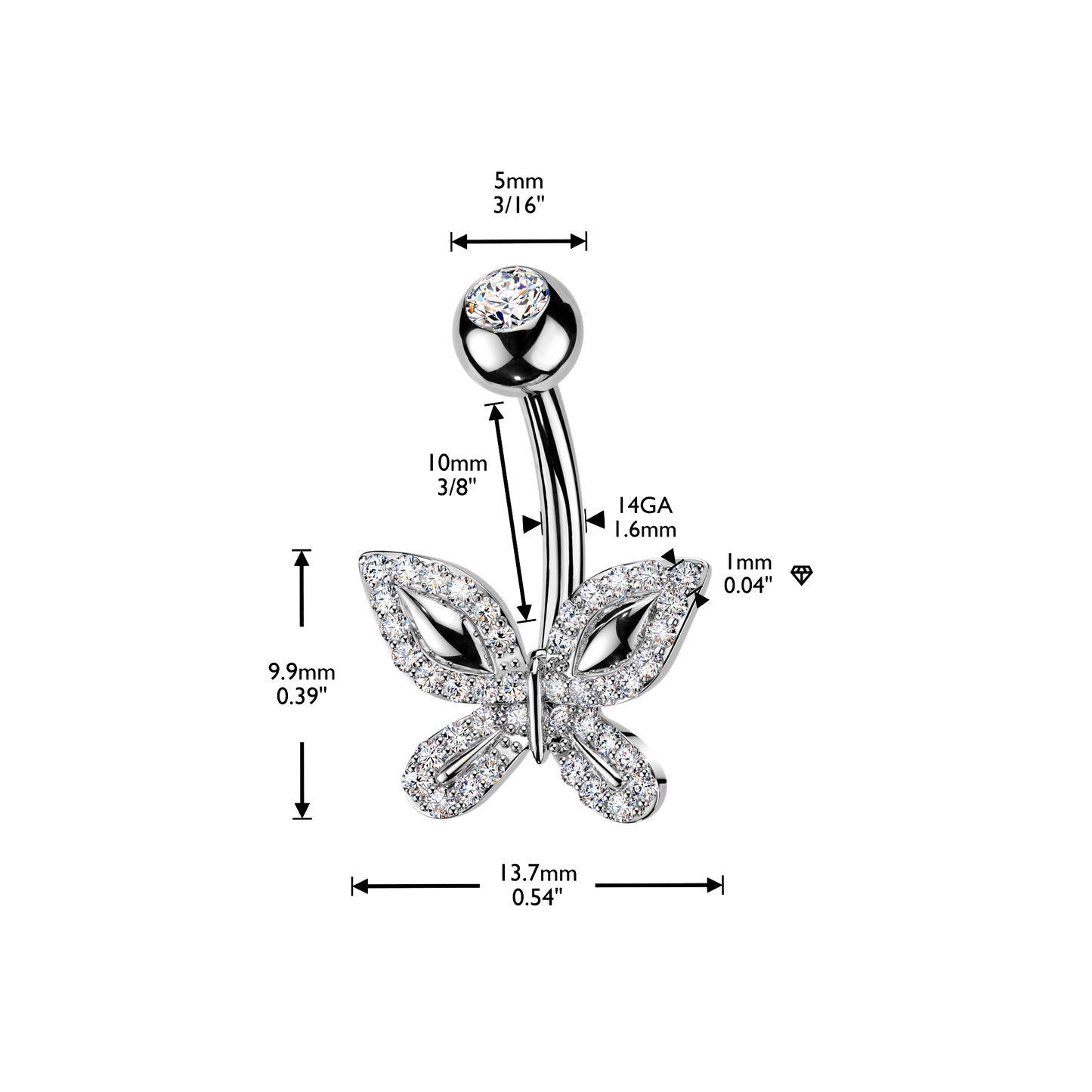 Pavé Butterfly Navel Barbell 14g