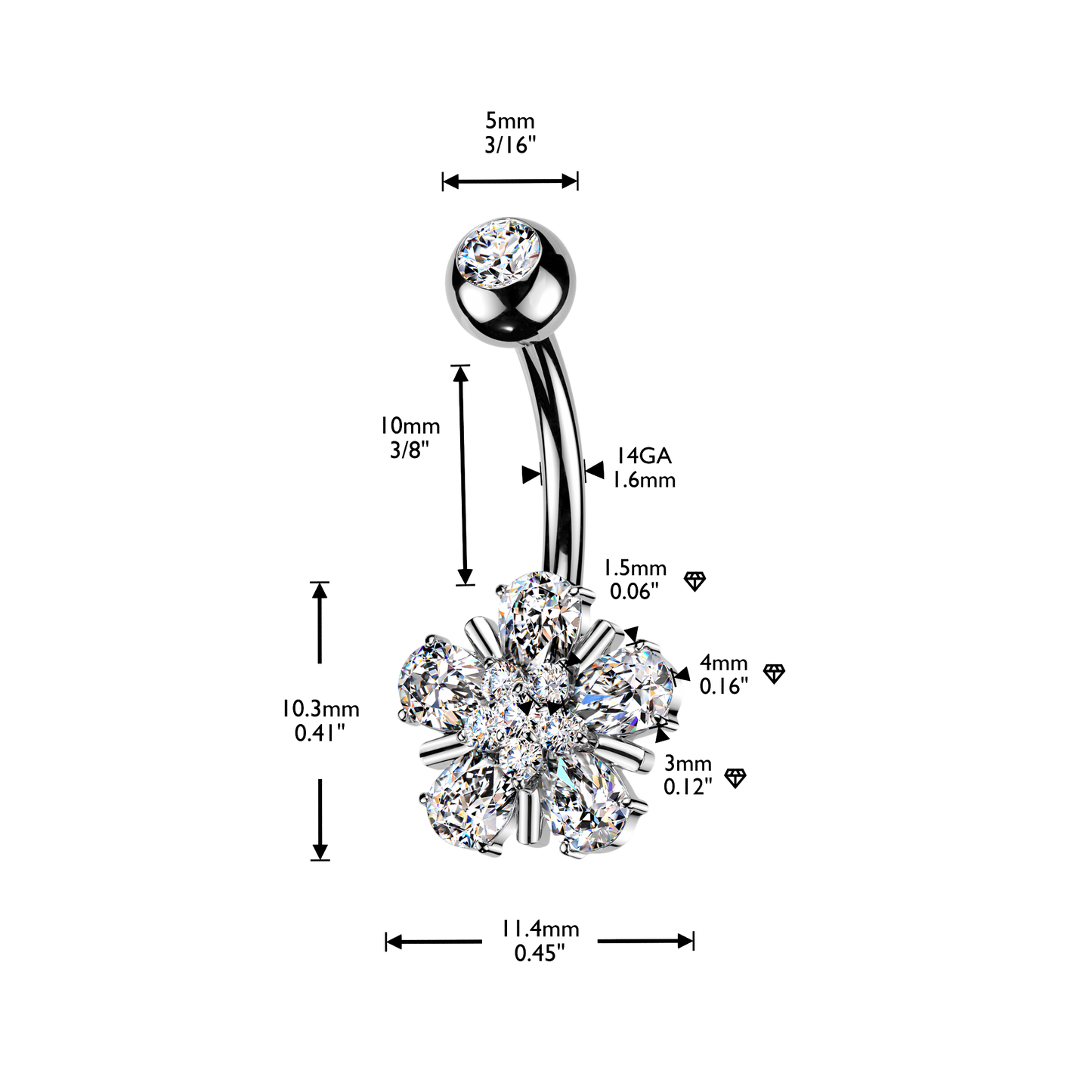 Flower Claw-Set Navel Barbell 14g