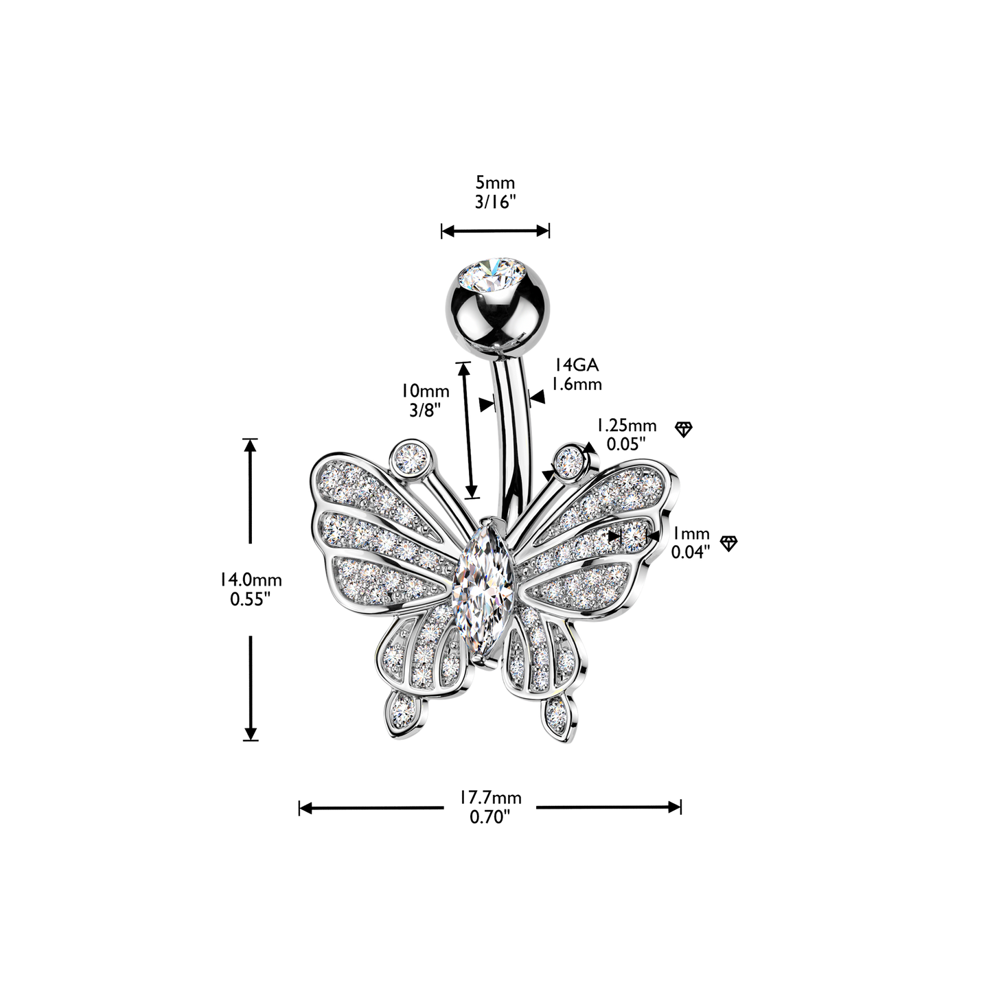 Marquise Butterfly Navel Barbell 14g