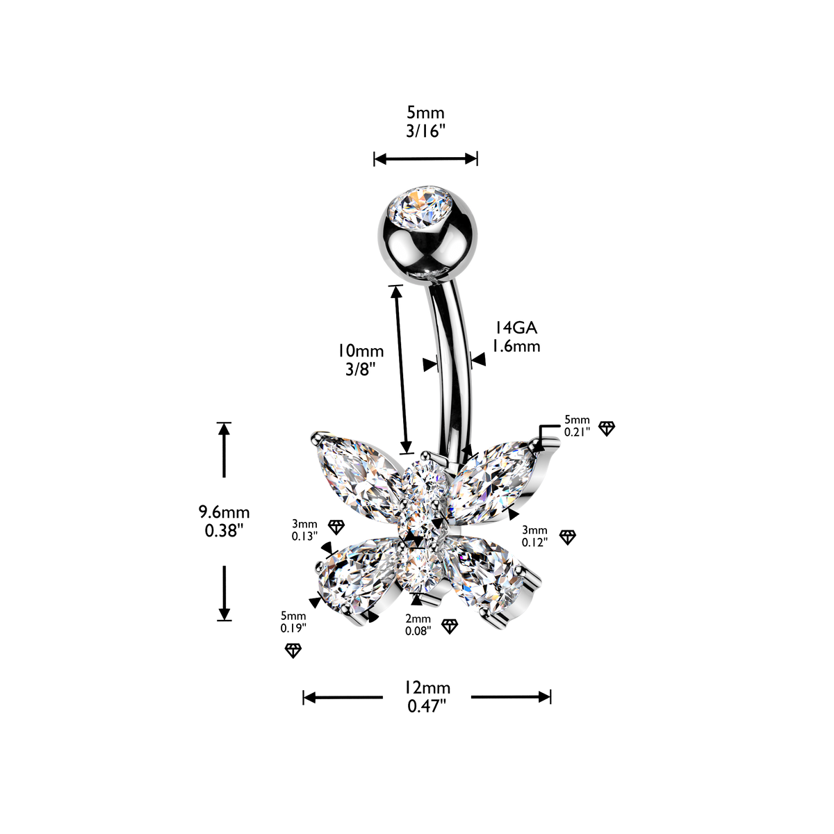 Marquise & Pear Crystal Cluster Belly Ring 14g