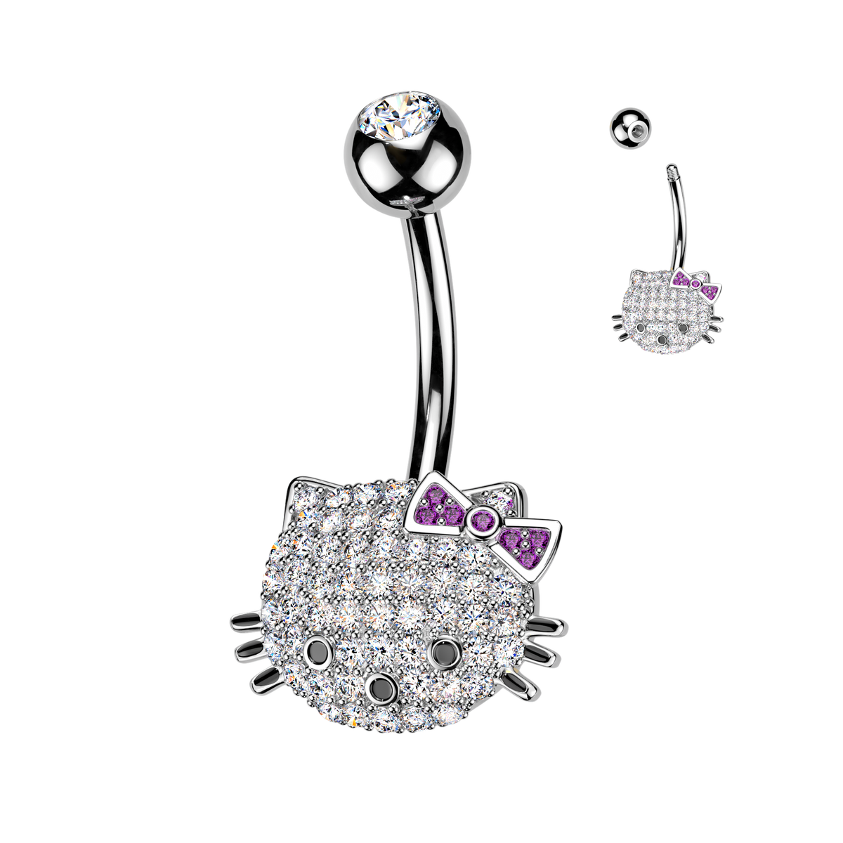 Crystal Kitty Face Bow Belly Ring 14g