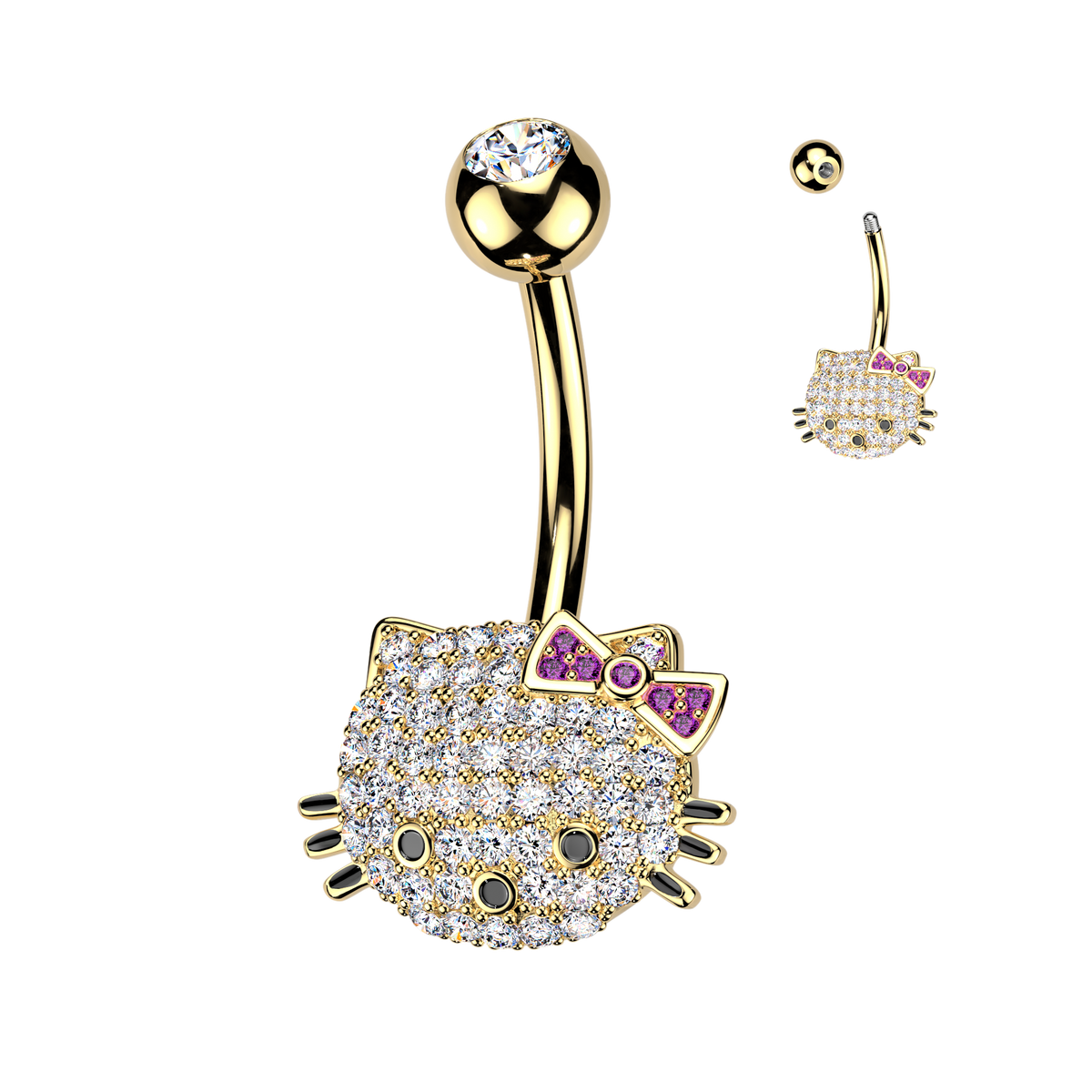 Crystal Kitty Face Bow Belly Ring 14g