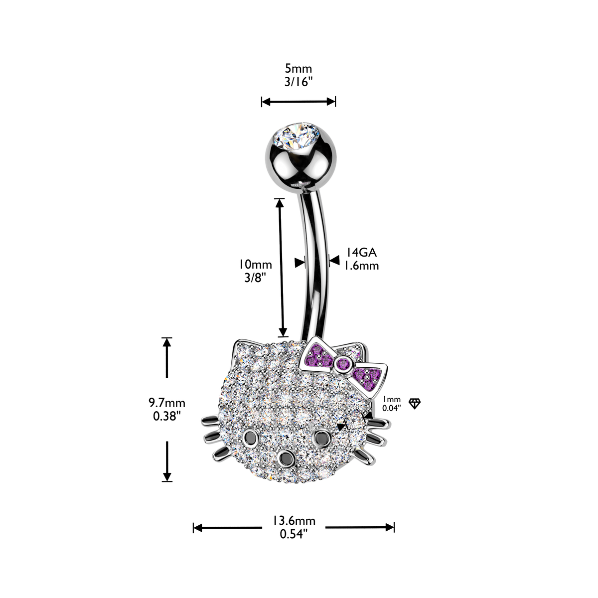 Crystal Kitty Face Bow Belly Ring 14g