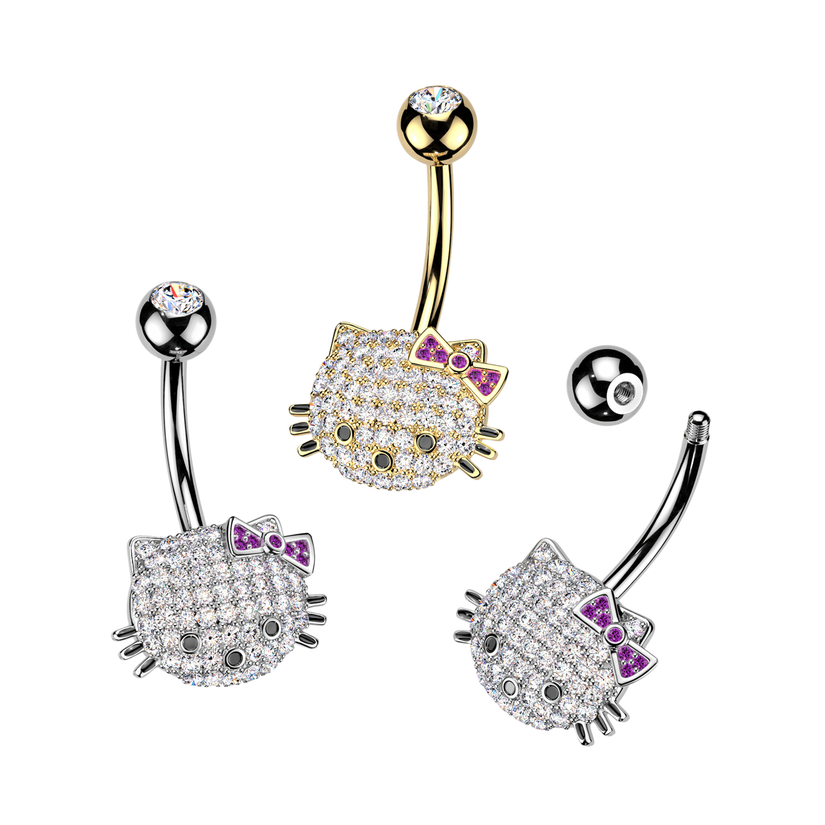 Crystal Kitty Face Bow Belly Ring 14g