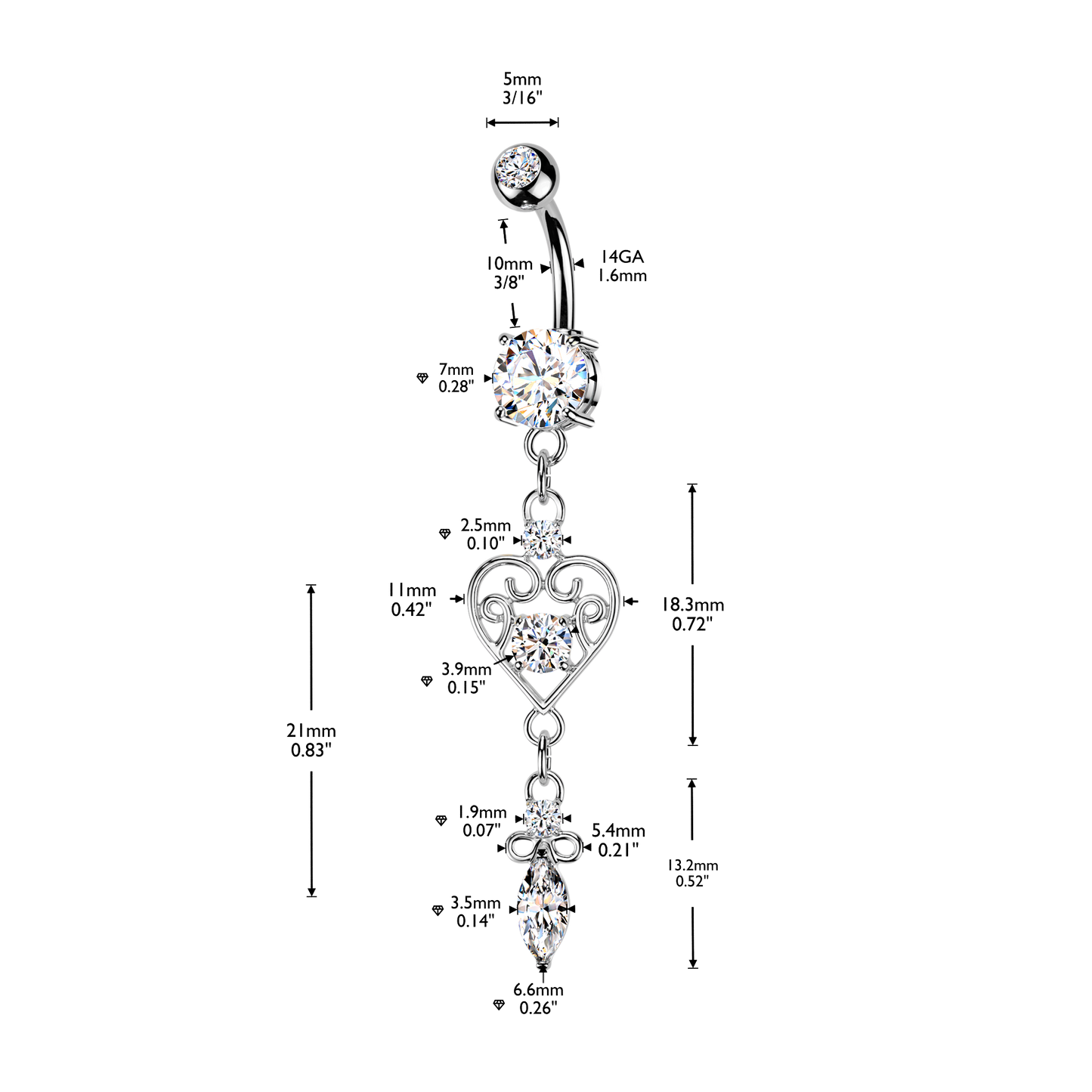 Filigree Heart Marquise Navel Dangle 14g